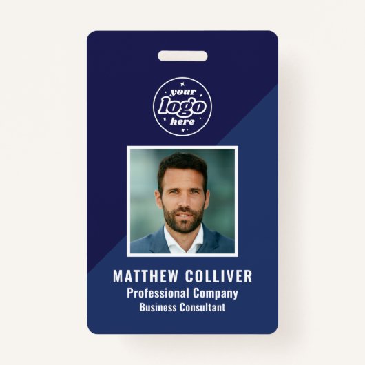 Minimal Navy Blue Corporate Photo ID Badge (Voorkant)