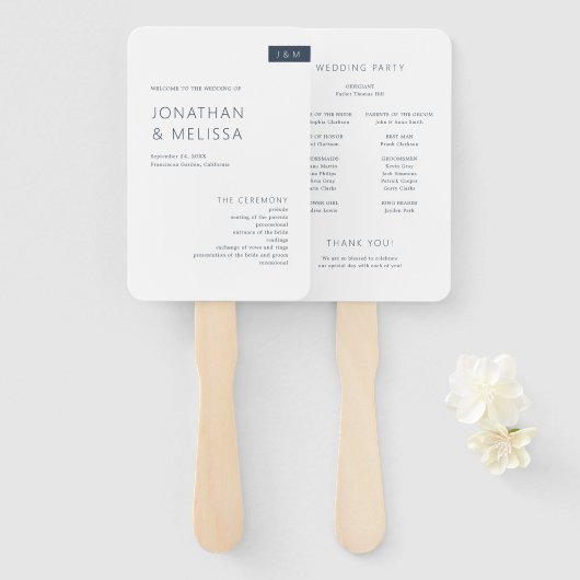Minimal Navy Blue & White Monogram Wedding Program Handwaaier (Voorkant en achterkant)