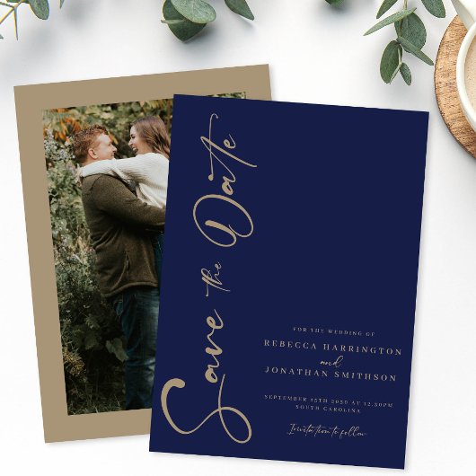 Minimal Navy Gold Photo Wedding Save the Date Kaar