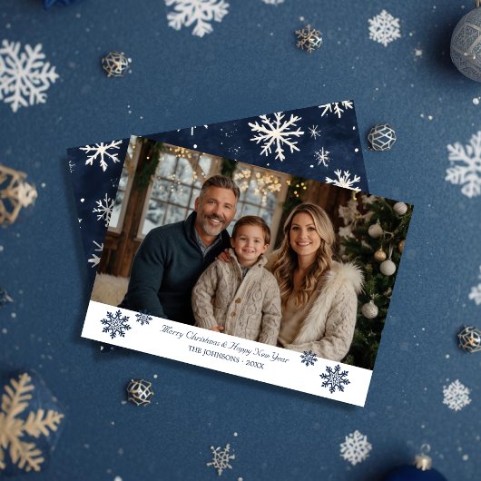 Minimal Navy Snowflake Accent Kerstfoto Feestdagenkaart