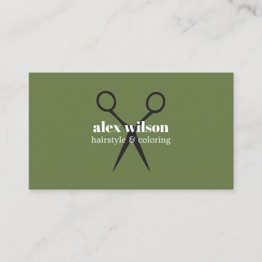 Minimal Olive Green Black Scissors Haarsalon Visitekaartje (Voorkant)