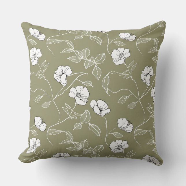 Minimal Olive Green Floral Line Art White Flower Kussen (Voorkant)