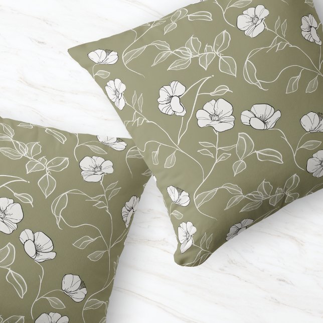 Minimal Olive Green Floral Line Art White Flower Kussen (Minimal Olive Green Floral Line Art White Flower Throw Pillow)