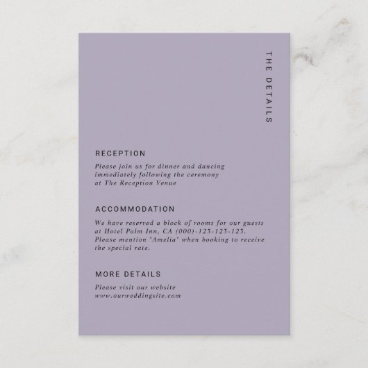 Minimal Pale Purple Modern Simple Wedding Details Informatiekaartje (Voorkant)
