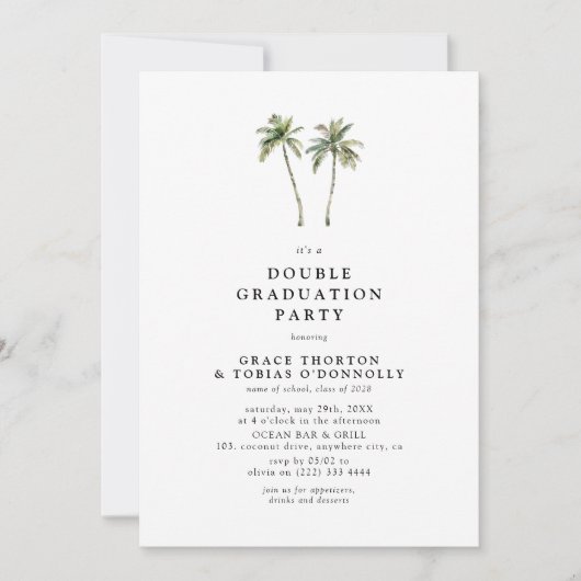 Minimal Palm Tree Double Graduation Party Kaart (Voorkant)