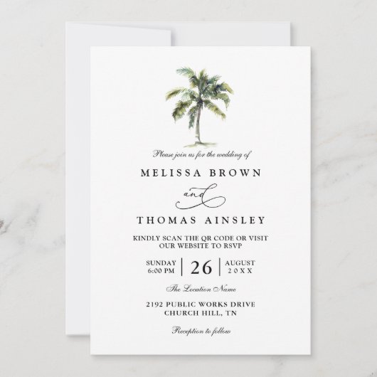 Minimal Palm Tree Tropical Beach QR Code Wedding Kaart (Voorkant)