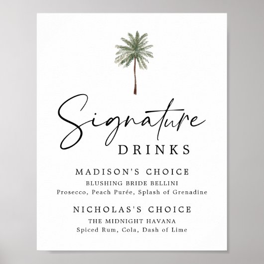 Minimal Palm Tree Wedding Signature Drinks Sign Poster (Voorkant)