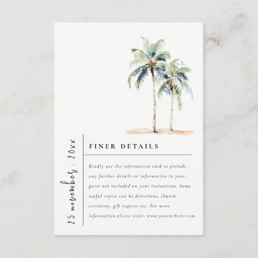 Minimal Palm Trees Tropical Wedding Details Informatiekaartje (Voorkant)