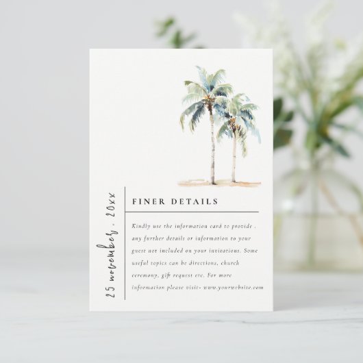 Minimal Palm Trees Tropical Wedding Details Informatiekaartje (Staand voorkant)