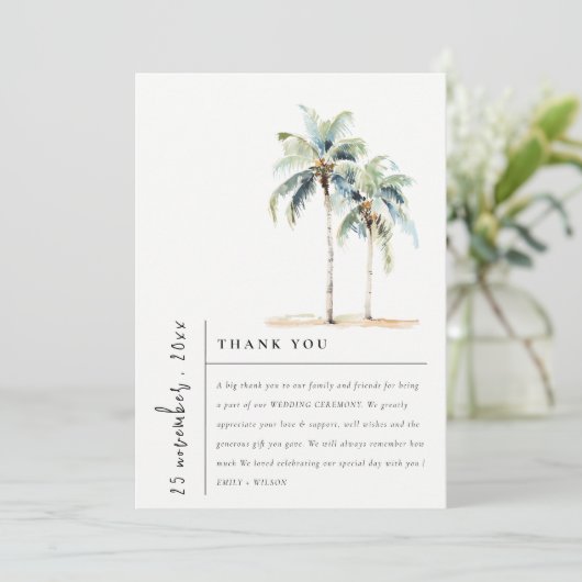 Minimal Palm Trees Waterverf Tropical Wedding Bedankkaart (Staand voorkant)