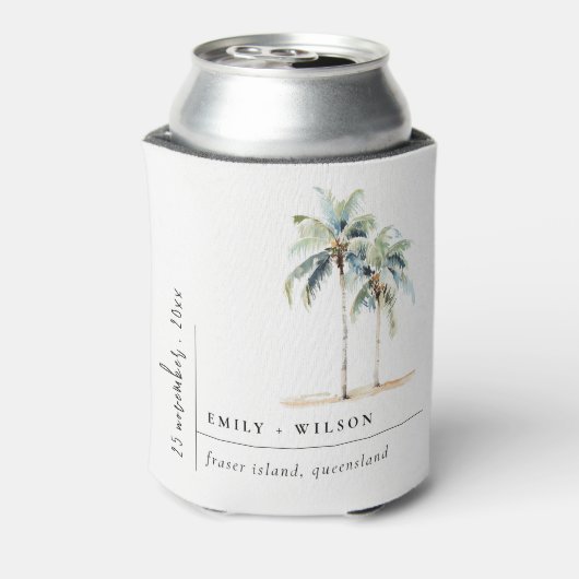 Minimal Palm Trees Waterverf Tropical Wedding Blikjeskoeler (Blikje Achterkant)
