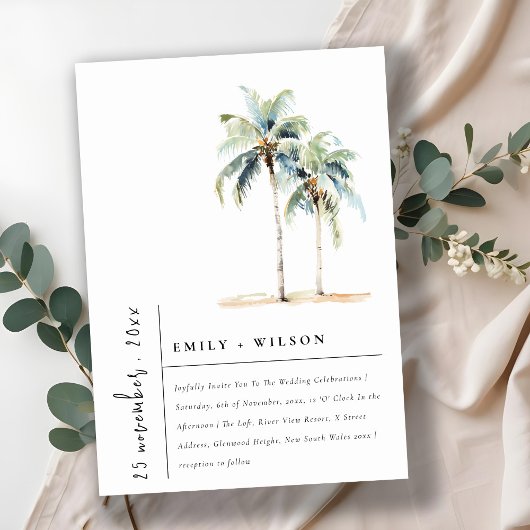 Minimal Palm Trees Waterverf Tropical Wedding Kaart