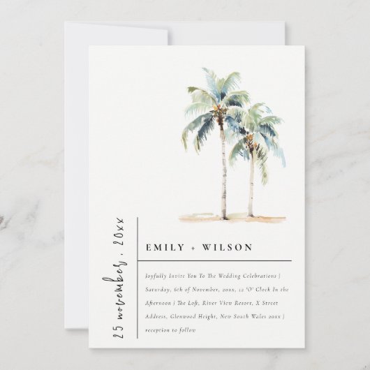 Minimal Palm Trees Waterverf Tropical Wedding Kaart (Voorkant)