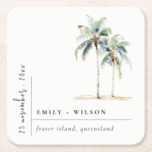 Minimal Palm Trees Waterverf Tropical Wedding Kartonnen Onderzetters (Voorkant)