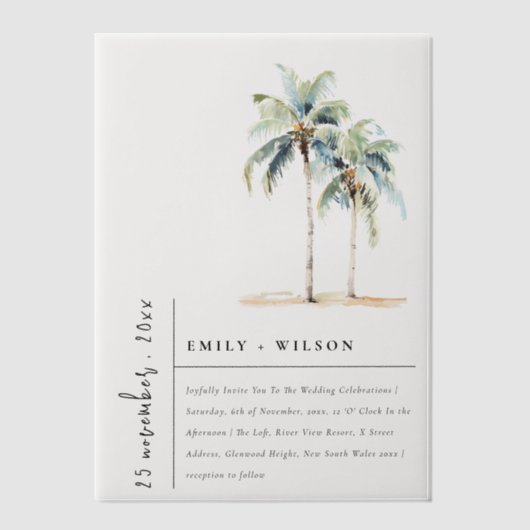 Minimal Palm Trees Waterverf Tropical Wedding Vellum Uitnodigingen (Voorkant)
