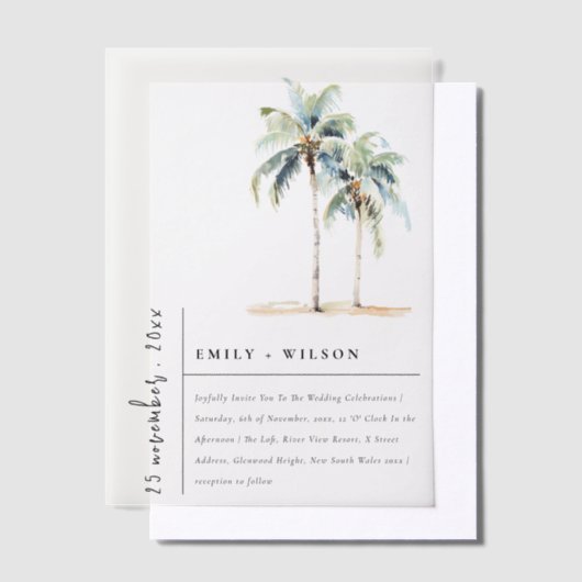 Minimal Palm Trees Waterverf Tropical Wedding Vellum Uitnodigingen (Offset)