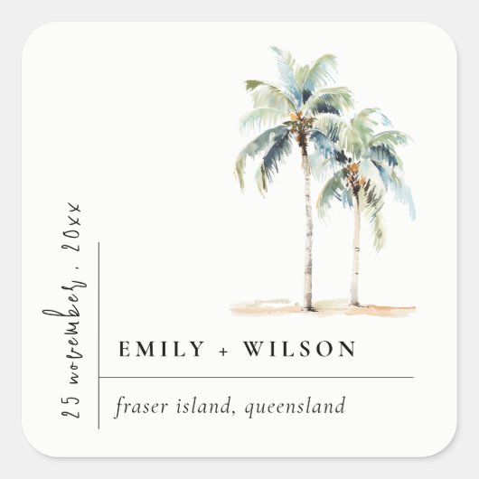 Minimal Palm Trees Waterverf Tropical Wedding Vierkante Sticker (Voorkant)