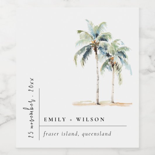 Minimal Palm Trees Waterverf Tropical Wedding Wijn Etiket (Enkel label)