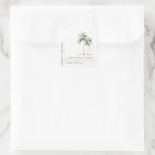 Minimal Palm Trees Waterverf Tropisch Adres Vierkante Sticker (Tas)