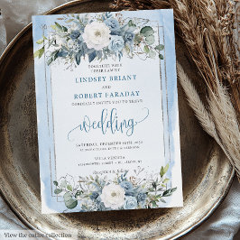 Minimal Pastel Blauw Wit Zilver Pioenen Huwelijk Kaart