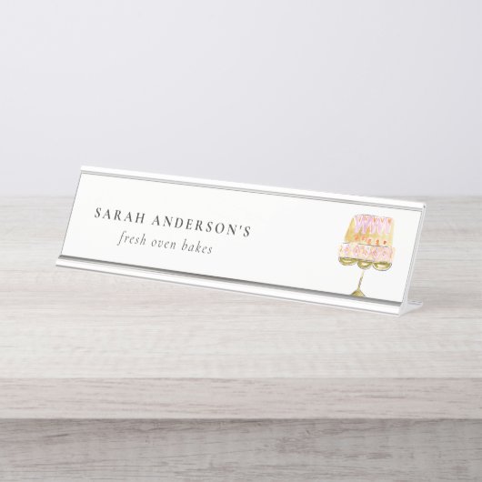Minimal Pastel Kleurrijke Waterverf Cake Bakkerij Bureau Naambordje (Voorkant)