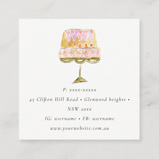 Minimal Pastel Kleurrijke Waterverf Cake Bakkerij Vierkante Visitekaartje (Achterkant)