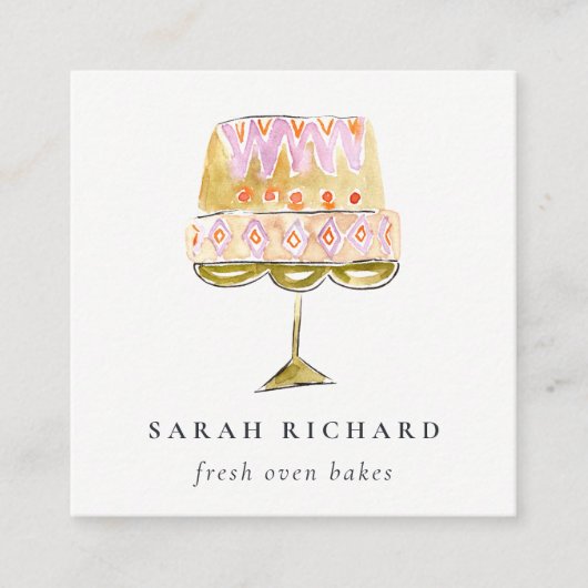 Minimal Pastel Kleurrijke Waterverf Cake Bakkerij Vierkante Visitekaartje (Voorkant)