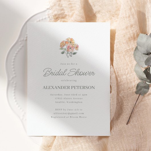 Minimal Peach Floral Bridal Shower Elegant Script Kaart