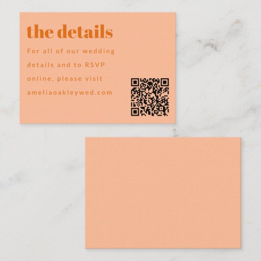 Minimal Peach Sinaasappel Retro Custom Wedding QR- Informatiekaartje (Voorkant / Achterkant)