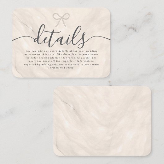 Minimal Pearl Bow Champagne Wedding Details Informatiekaartje (Voorkant / Achterkant)