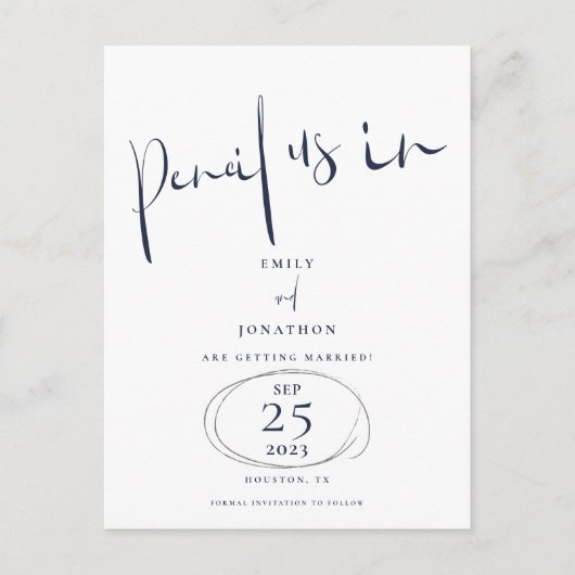 Minimal Pencil US in Script Navy Bewaar de datum Aankondigingskaart (Voorkant)