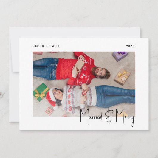 Minimal Photo Married and Merry Black Script Feestdagenkaart (Voorkant)