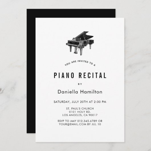 Minimal Piano White Recital Invitation Kaart (Voorkant / Achterkant)