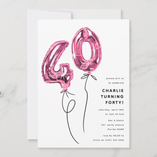 Minimal Pink 40 Balloon 40th Birthday Party Kaart (Voorkant)