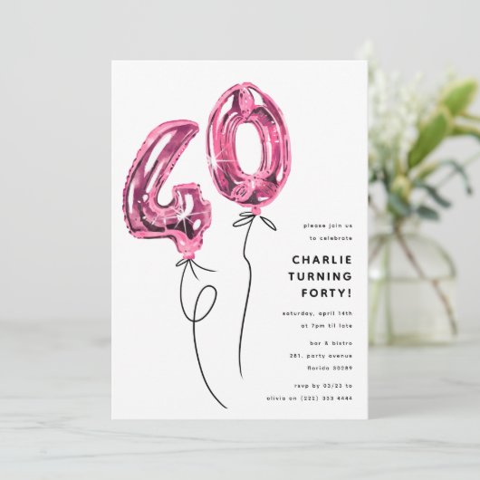 Minimal Pink 40 Balloon 40th Birthday Party Kaart (Staand voorkant)