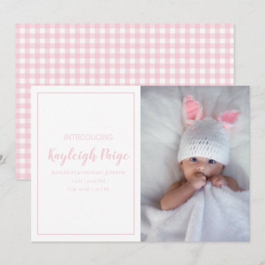 Minimal Pink Gingham Controleer patroon foto geboo Aankondiging (Voorkant / Achterkant)