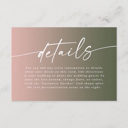 Minimal Pink & Hunter Ombre Fade Wedding Details Informatiekaartje (Voorkant)