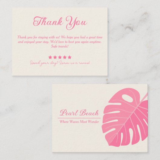 Minimal Pink Leaf Vakantiehuis Dank u Kaart Visitekaartje (Voorkant / Achterkant)