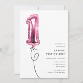 Minimal Pink One Balloon 1st Birthday Party Kaart (Voorkant)