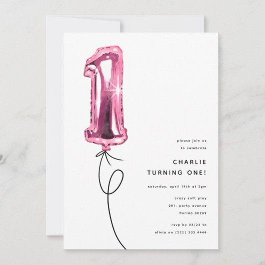 Minimal Pink One Balloon 1st Birthday Party Kaart (Voorkant)