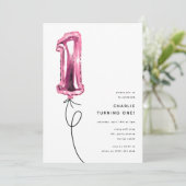 Minimal Pink One Balloon 1st Birthday Party Kaart (Staand voorkant)