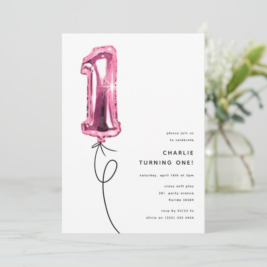 Minimal Pink One Balloon 1st Birthday Party Kaart (Staand voorkant)