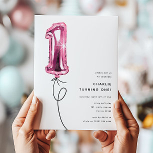 Minimal Pink One Balloon 1st Birthday Party Kaart