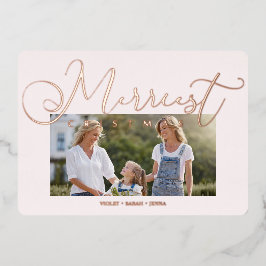 Minimal Pink Photo Merriest Christmas Typography Folie Feestdagenkaart
