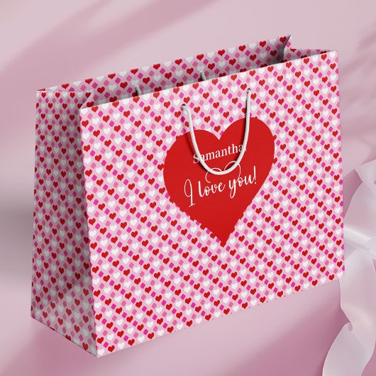 Minimal Pink Red Hearts I Love You Valentine Bag Groot Cadeauzakje