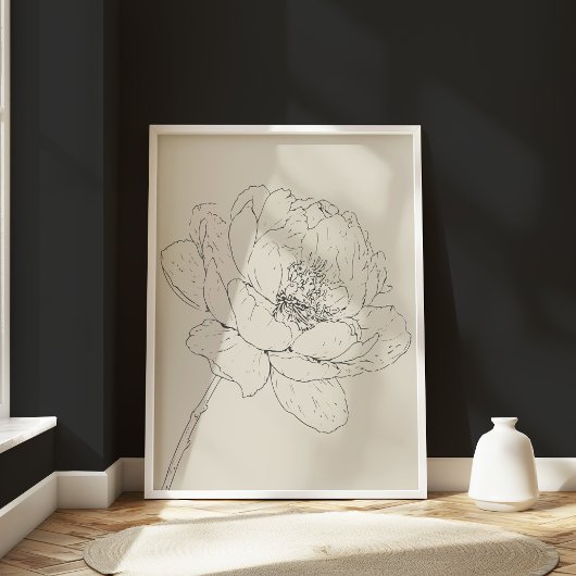 Minimal pioen Floral Line Art Black Cream Poster