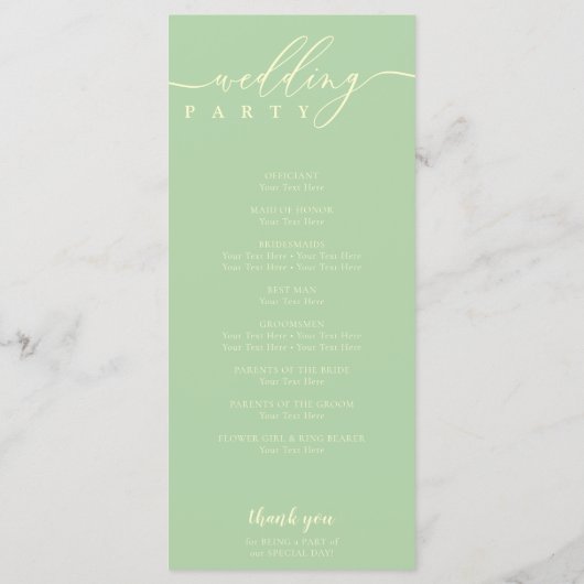 Minimal Pistachio & Cream Script Wedding Ceremony Programmakaart (Achterkant)