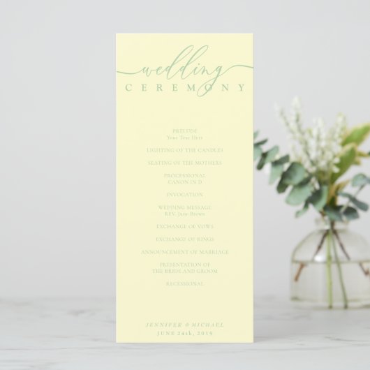 Minimal Pistachio & Cream Script Wedding Ceremony Programmakaart (Staand voorkant)