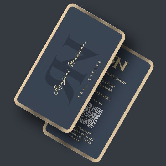 Minimal Realtor Charcoal Blue Faux Gold Border Visitekaartje