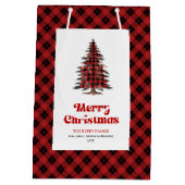 Minimal red black tartan Christmas bag personalize Medium Cadeauzakje (Achterkant)